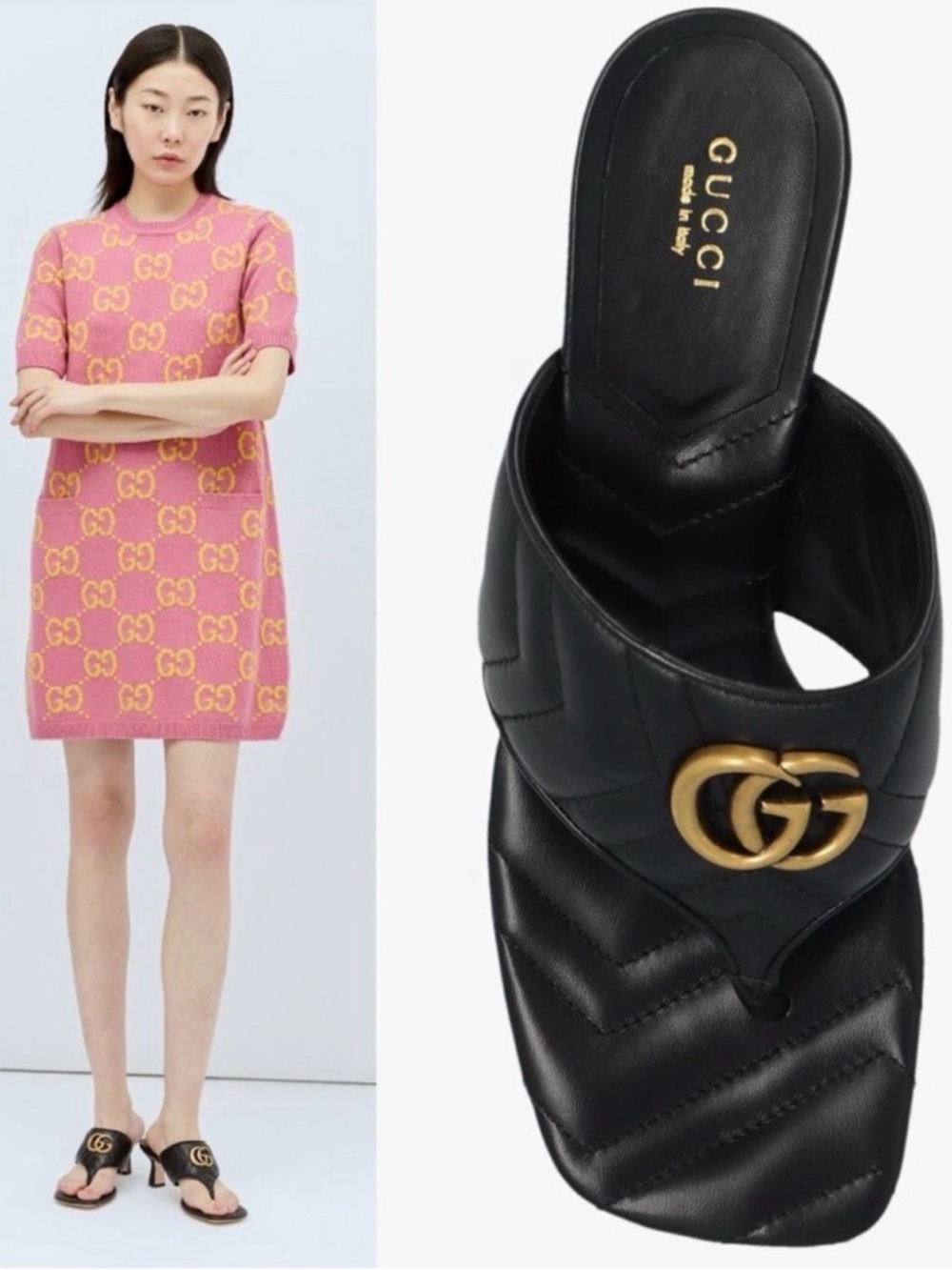 Gucci Black Leather Quilted Thong Sandal with Gold GG